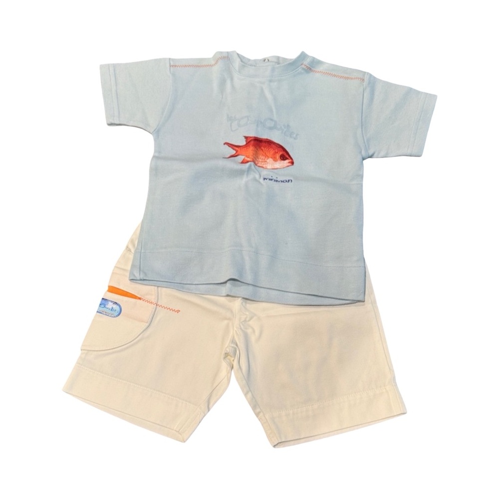 Kids Mini Man Set with Fish Design - Light Blue and Cream 18 Months